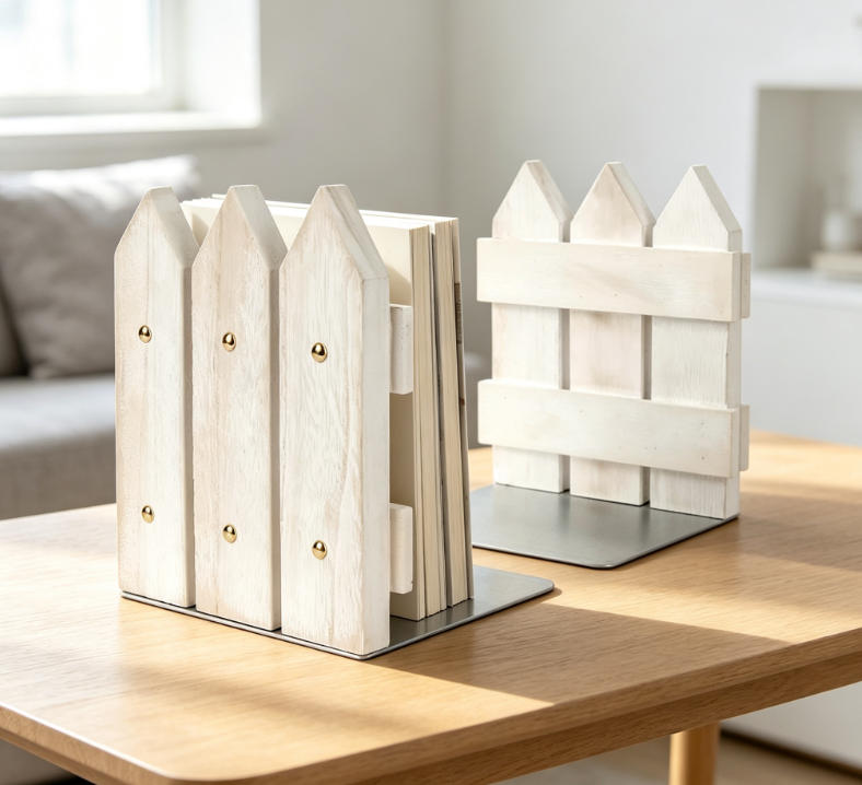 White Rustic-Style Wooden Bookends – Heavy-Duty & Non-Slip (Set of 2)