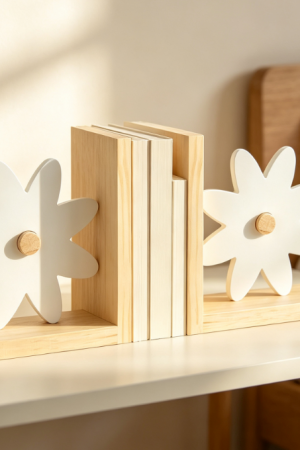Daisy-Shaped Wooden Bookends – Pink Rainbow, Moon, & Cloud Elements (Set of 2)