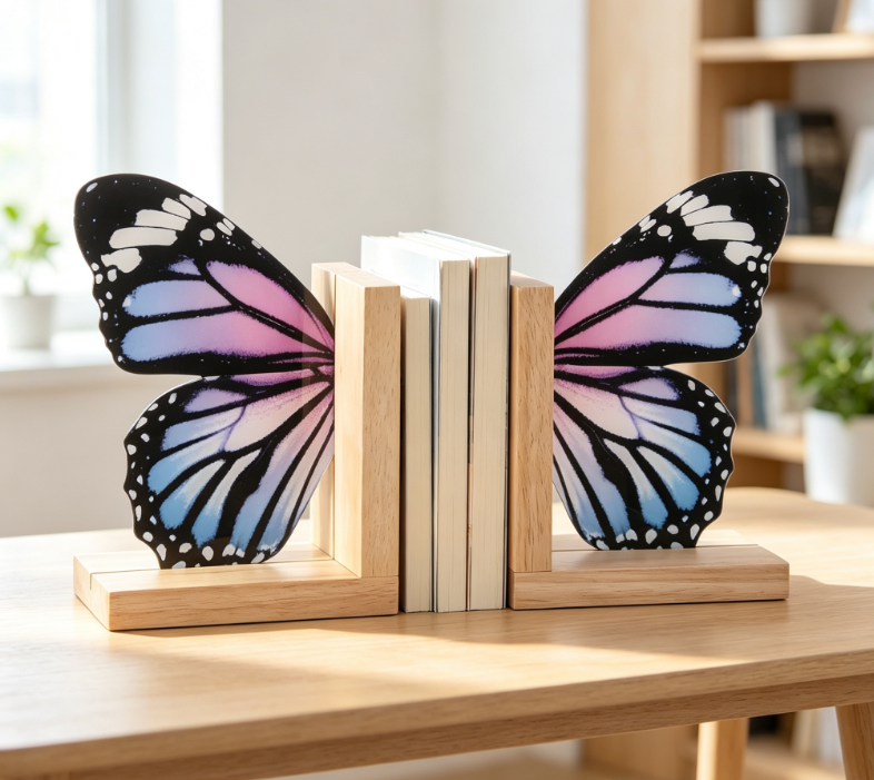 Butterfly-Shaped Wood & Acrylic Bookends – Modern Decor (Set of 2) - Image 2